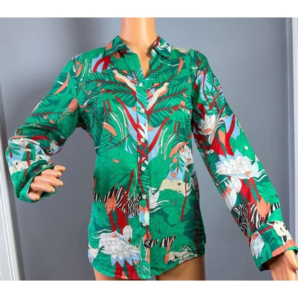 NWT Talbots Safari Jungle Print Shirt Women Small S Cotton Animal Zebra Elephant